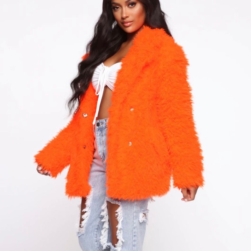 Orange faux fur coat